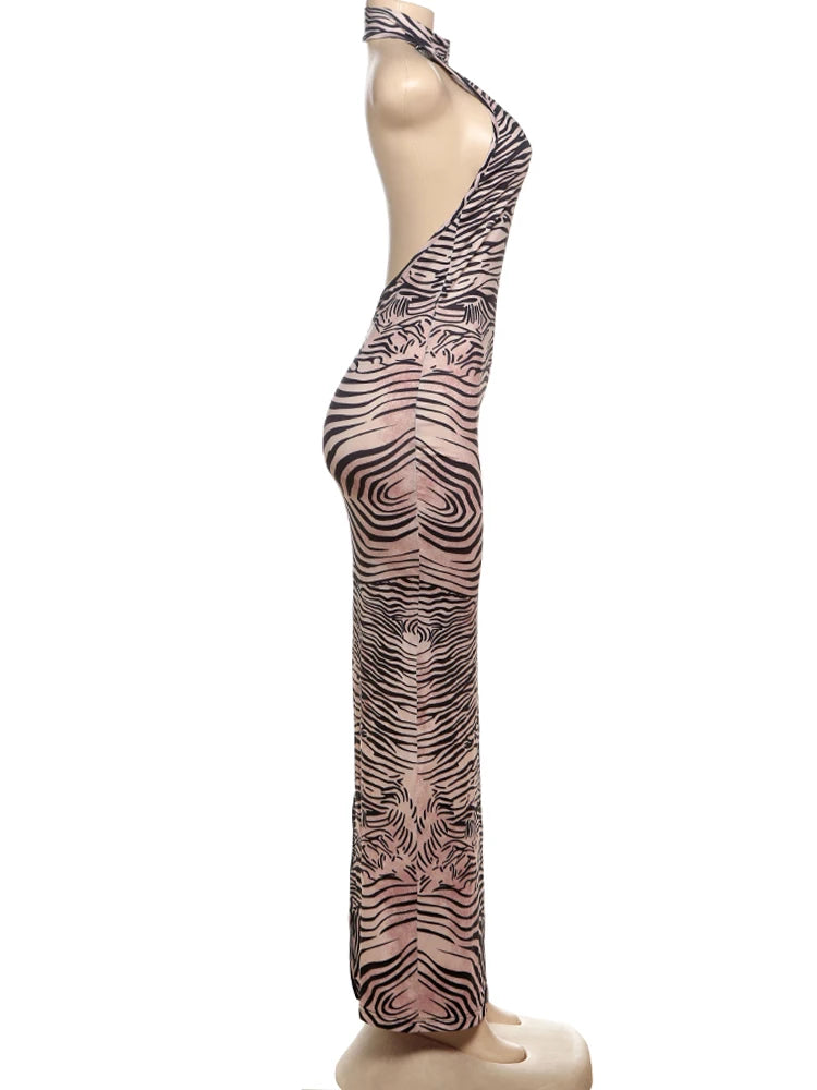 Nibber Split Tiger Stripes Maxi Dress Women Y2K Tight Stretch Summer Backless Sleeveless Sexy Midnight Clubwear Party Vestidos Aviola