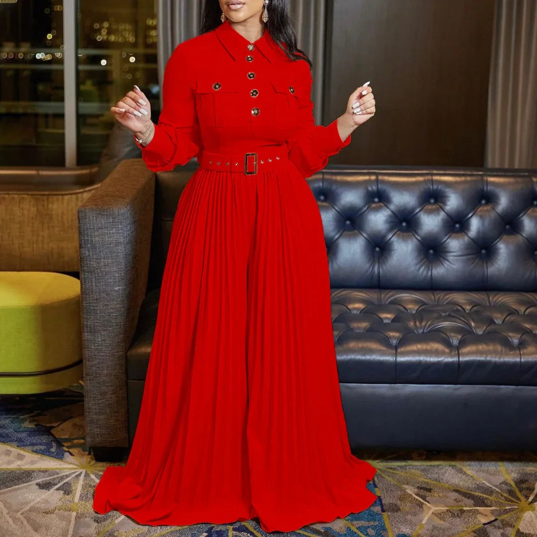 pleated Jumpsuits Women Single Breasted Long Sleeve Rompers Overalls Wide Leg Pants Spliced Sashes Slim Fit One Piece Button Aviola