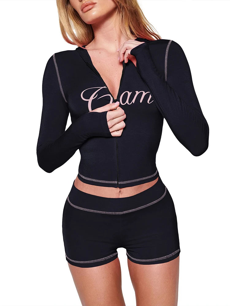 Nibber Summer swee Sporty Women Tracksuit 2 Piece Set Lettert Zip Hooded Jacket+Biker Shorts Matching Stretch Activity Suits Aviola