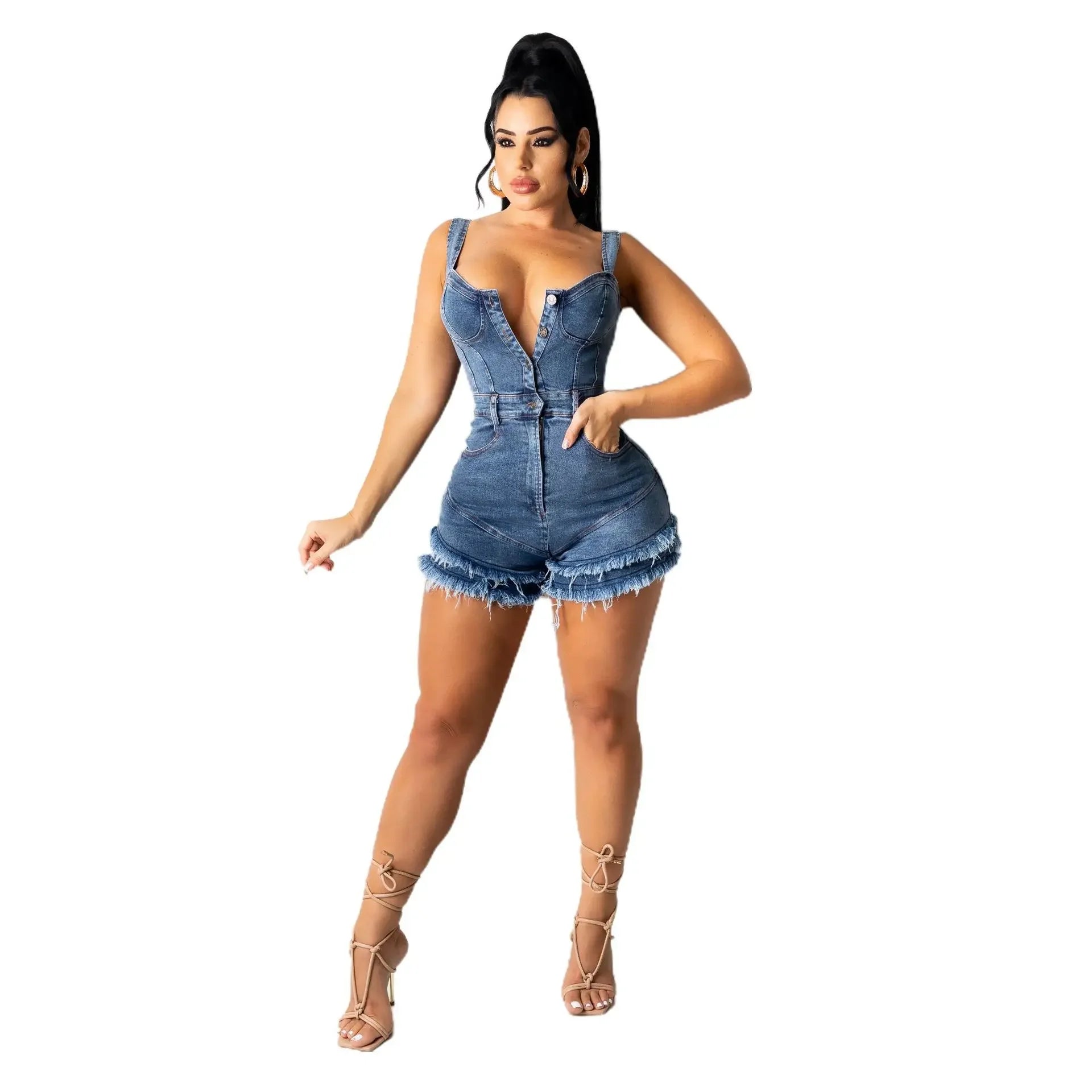 Women Denim Rompers Shorts Jeans Overalls High Waist Spliced Washed Jean Tassel Pockets One Piece Casual Skinny Solid 2025 Aviola