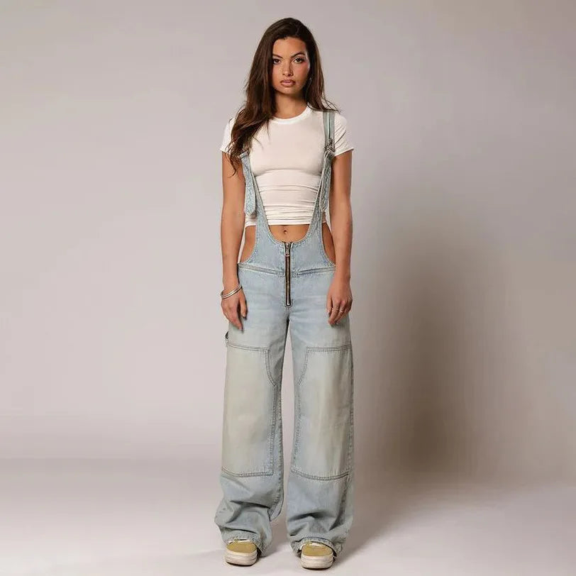 Jumpsuits Women Jeans Overalls Sexy Backless Vintage Full Length Denim Straight Pants Loose Pockets Distressed Washed Casual Aviola