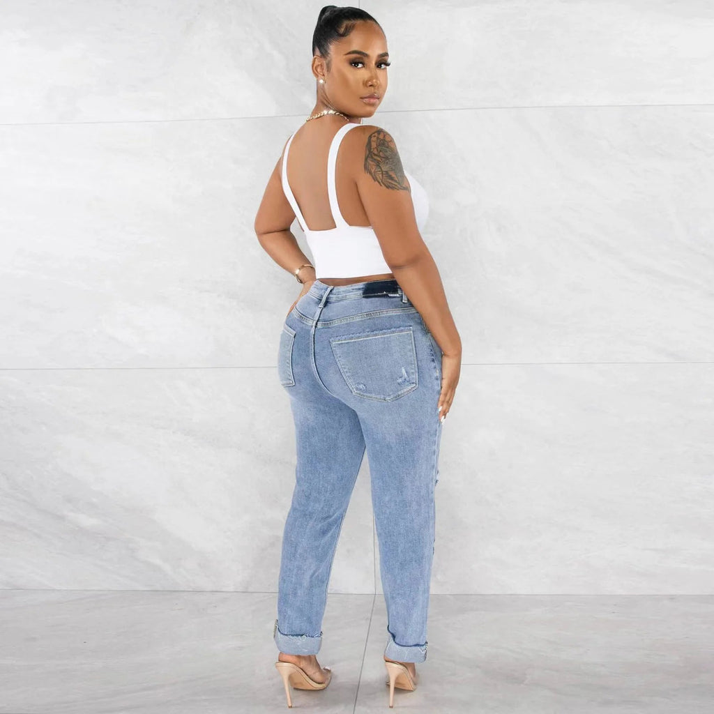 Women Jeans Washing Pencil Pants Holes Denim Full Length Slim Fit Pockets Zipper Fly High Street Spring Solid Slight Strech Aviola