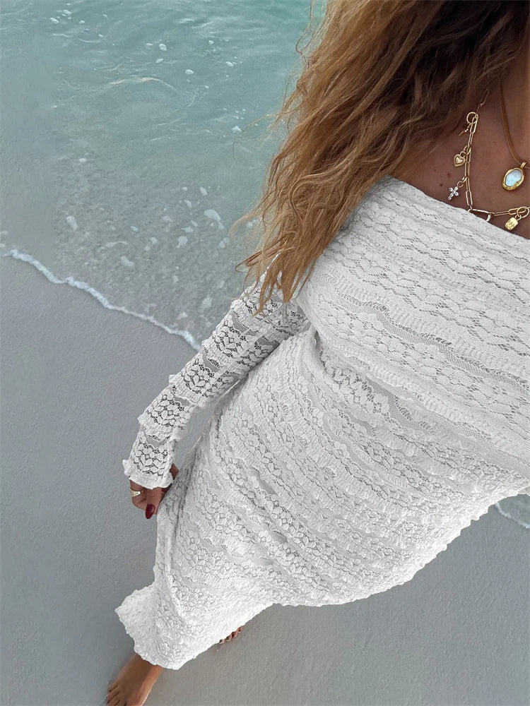 Nibber See Through Vacation Dress Women Jacquard Lapel Slash Neck Backless Full Sleeve Beach Party Elegant Chic Long Bodycon Aviola