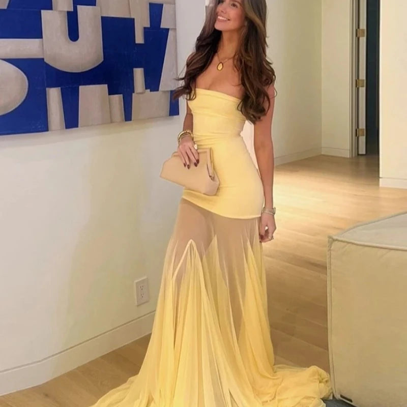 Nibber Patchwork Dress Women See Through Temperament Solid Pleated Strapless Sleeveless Backless Slim Banquet Party Vestidos Aviola