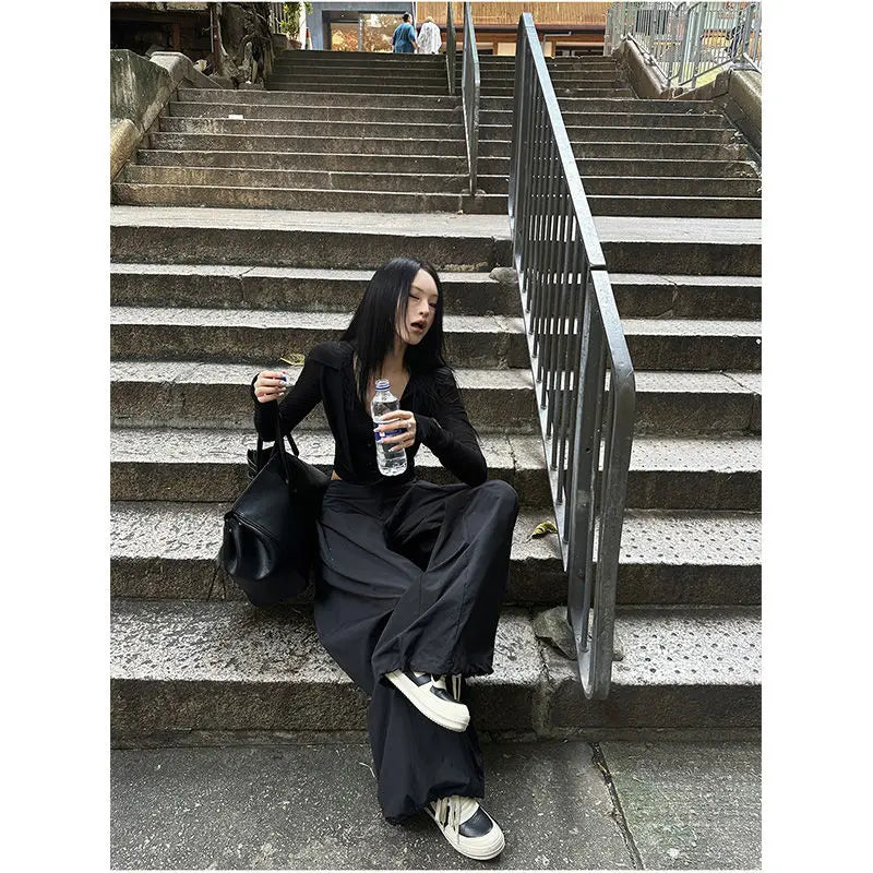 MEXZT Y2K Coquette Black T Shirts Women Sexy Cropped V Neck Sheer Tops Gyaru Aesthetic Korean Fake Two Piece Long Sleeve Tees Aviola