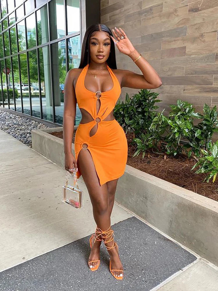 European and American women's Y2K milk silk solid color short skirt sexy sleeveless hollow out dress Aviola