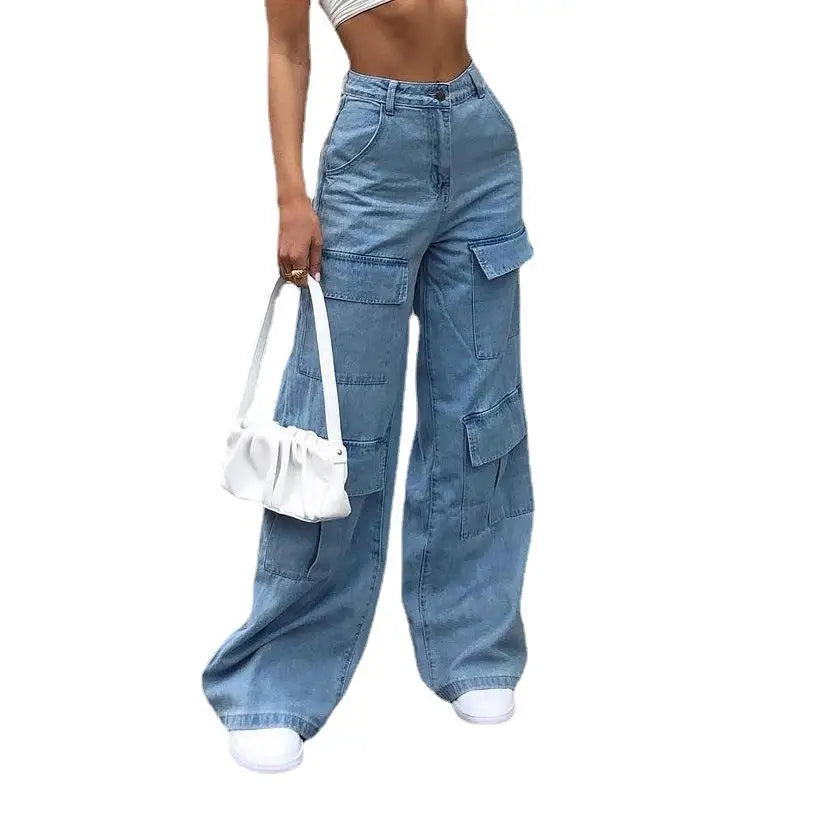 Women Jeans Wide Leg Pants Cargo Denim Ankle Length Mid Waist Washing Zipper Loose Slight Strech High Street Solid Pockets Aviola