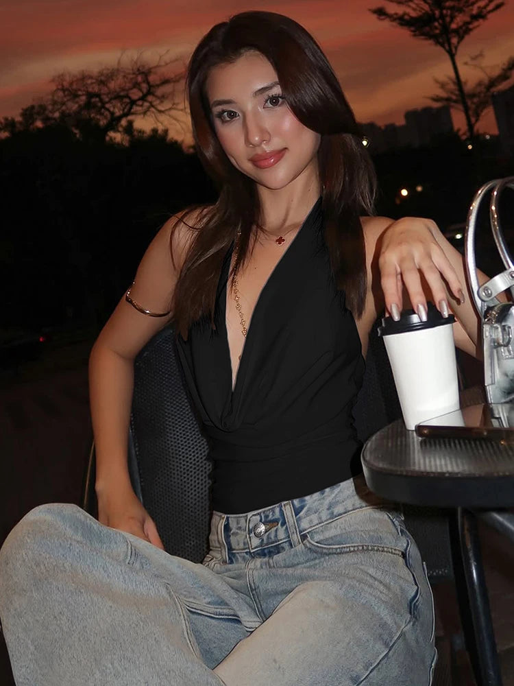 Nibber Swing Collar Vests Women Backless Halter Folds Skinny Street Versatile Daily Fashion Sexy Summer Temperament Mini Tops Aviola