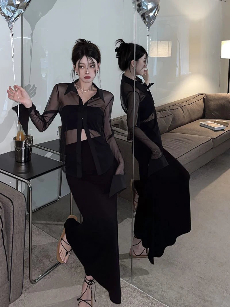 MEXZT Y2K Mesh Sheer Shirts Women Sexy Black See Through Blouses Summer Korean Fashion Aesthetic Long Sleeve Slim Chic Tops New Aviola