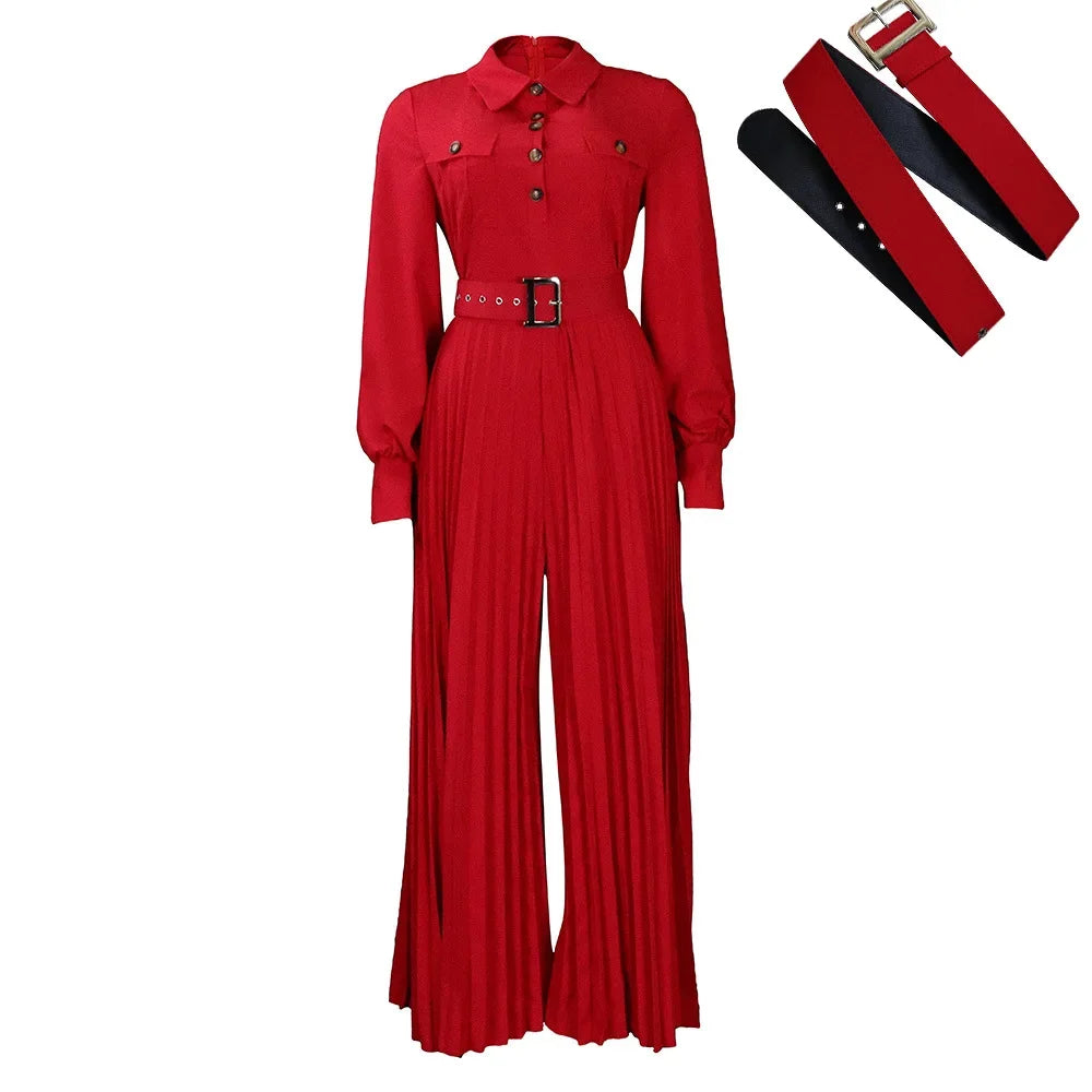 pleated Jumpsuits Women Single Breasted Long Sleeve Rompers Overalls Wide Leg Pants Spliced Sashes Slim Fit One Piece Button Aviola
