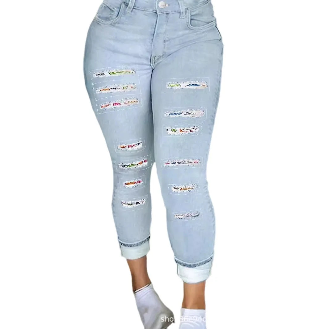 Bodycon Pencil Jeans Women Holes Splice High Waist Trousers Row Denim Pants Big Size Skinny Ankle Lenth 2025 Spring Mom Jeans Aviola