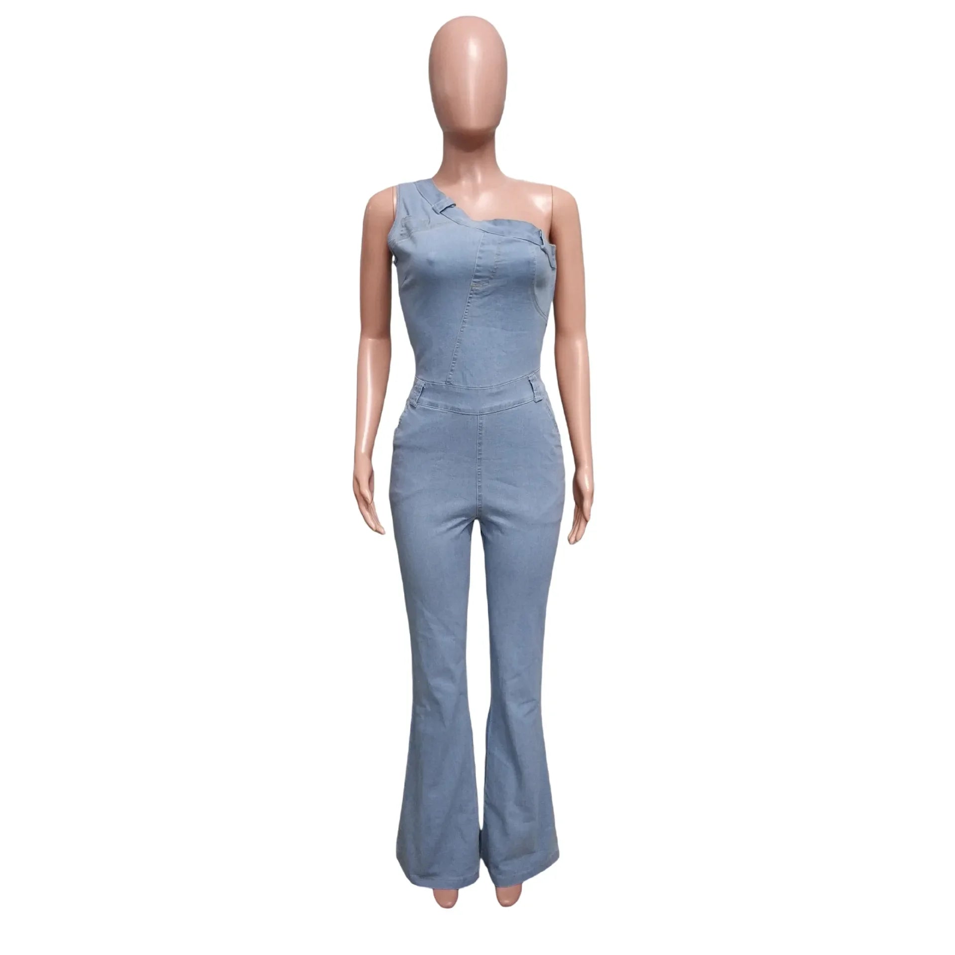 Flare Denim Pants Full Length Women Jeans One Piece Overalls Spliced Solid Jumpsuits Loose Pockets High Waist Basics Washed Aviola