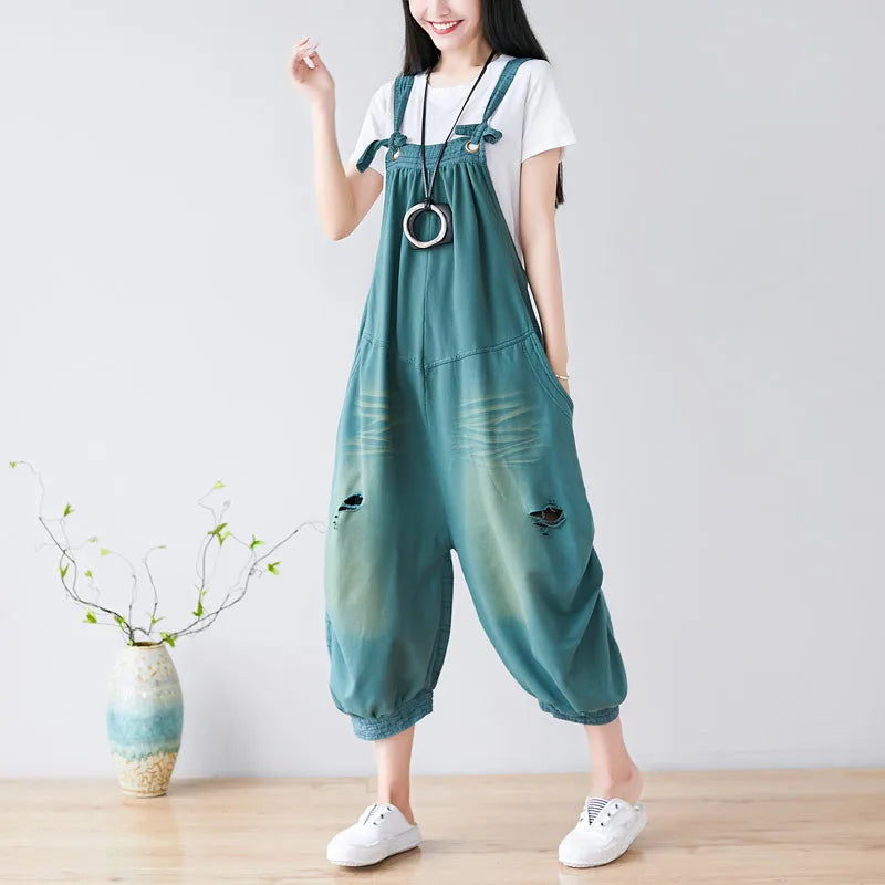 Jumpsuits Women Denim One Piece Suspenders Mom Jeans Overalls Hole Wide Leg Long Pants High Waist Work Y2k Streetwear Rompers Aviola