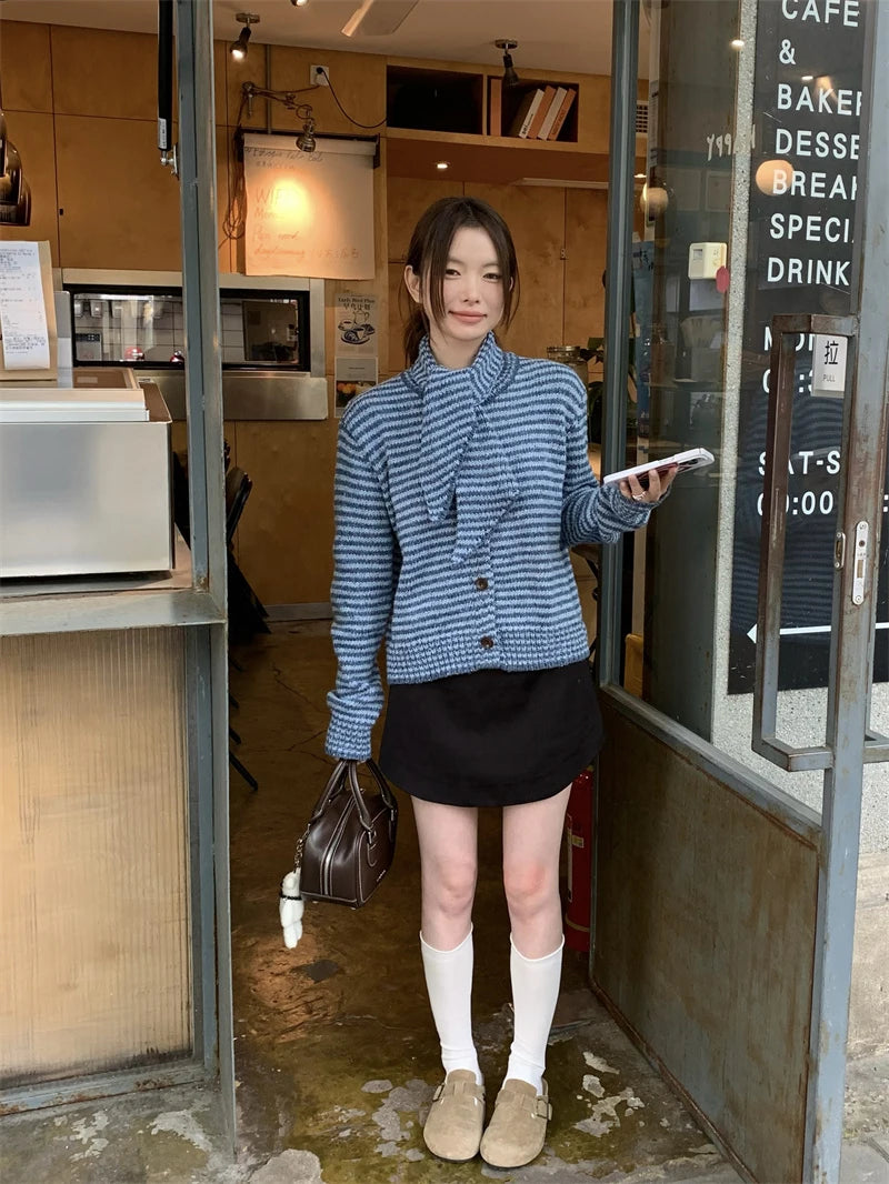 MEXZT Vintage Striped Knitted Cardigan Women Elegant Scarf Sweater Outerwears Korean Long Sleeve Knitwears Winter Casual Jumpers Aviola