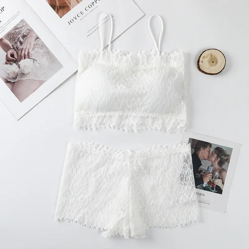 Women Lace Tube Bra and Panty Set Wireless Underwear Summer Padded Bralette Female Sexy Lingerie Low Rise Briefs Aviola