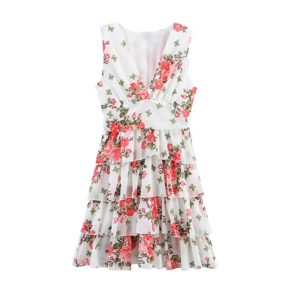BM&MD&ZA2025multi-layer printed V-neck sleeveless layered decorative floral dress new summer women's clothing Aviola