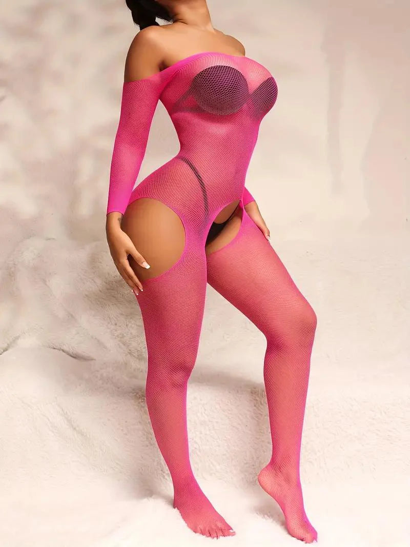 Erotic Crotchless Lingerie Women Sexy Fishnet Hollow Bodystockings Full Sleeve Off Shoulder Baby Doll Dress Porno Underwear Set Aviola