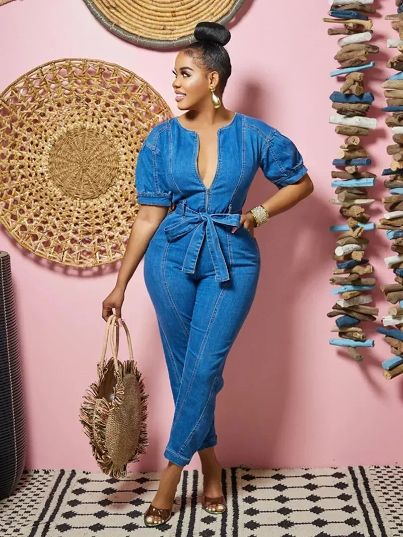 Sexy Denim Jumpsuit for Women Lace-up Pencil Pant Jeans Short Sleeve Sashes Long Rompers Playsuits One Piece Overalls Outfits Aviola