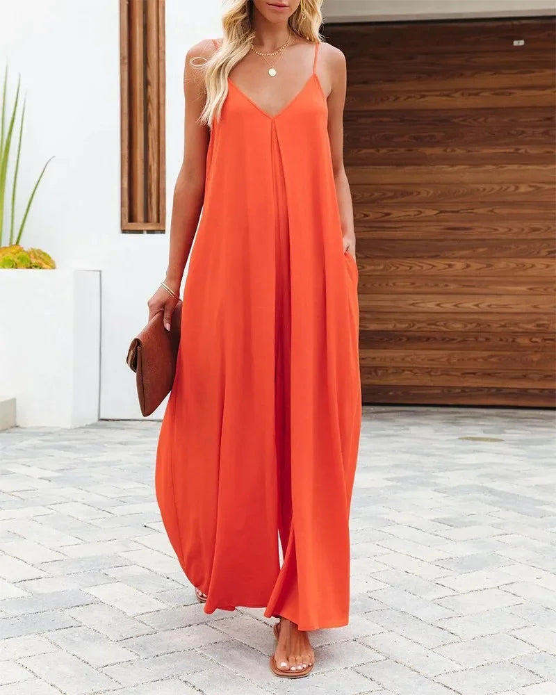 Women Jumpsuits V Neck One Piece Ankle Length Wide Leg Pants Rompers Backless Overalls Solid Pockets Loose Casual Mid Waist Aviola
