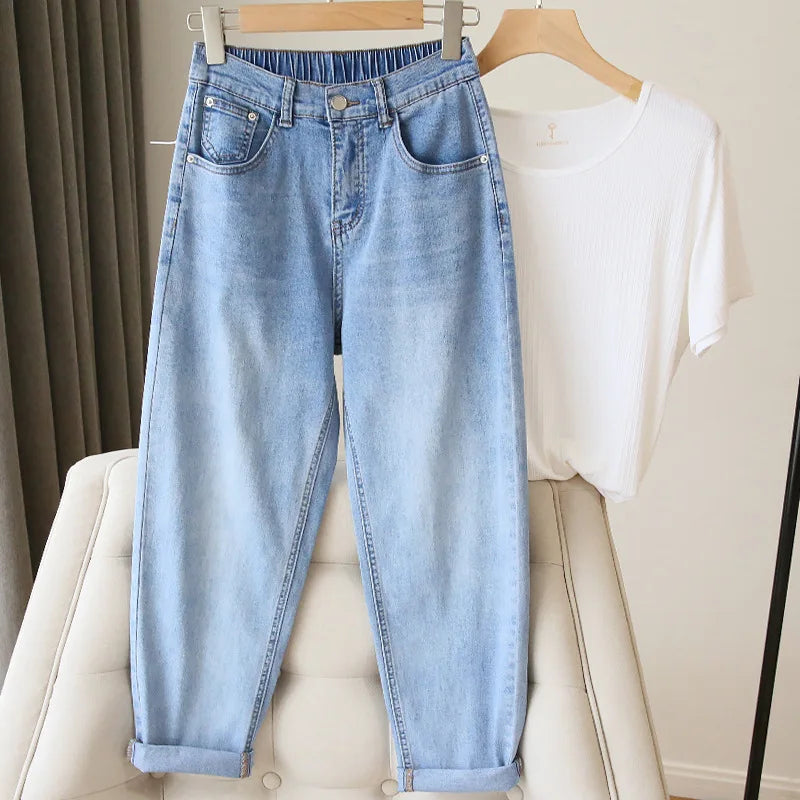 Bleached Jean Ankle Length Straight Denim Pants Women Harem Jeans Pockets Mid Waist Loose Fit Casual Solid Washed 2024 Aviola