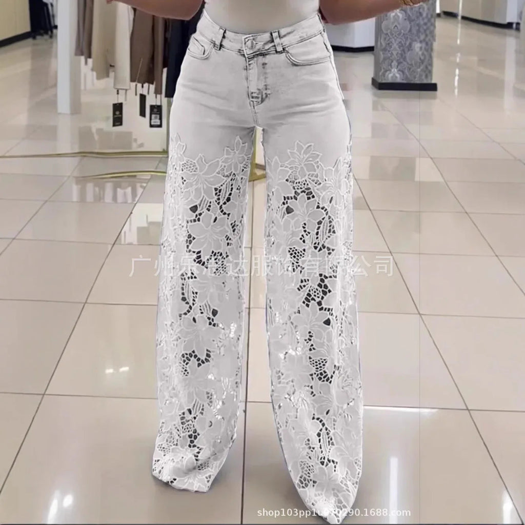 Denim Pant Women Mom Jeans Hollow Out Long Pants Floral Slim High Waist Straight Trousers Y2k Streetwear Elegant Temperament Aviola