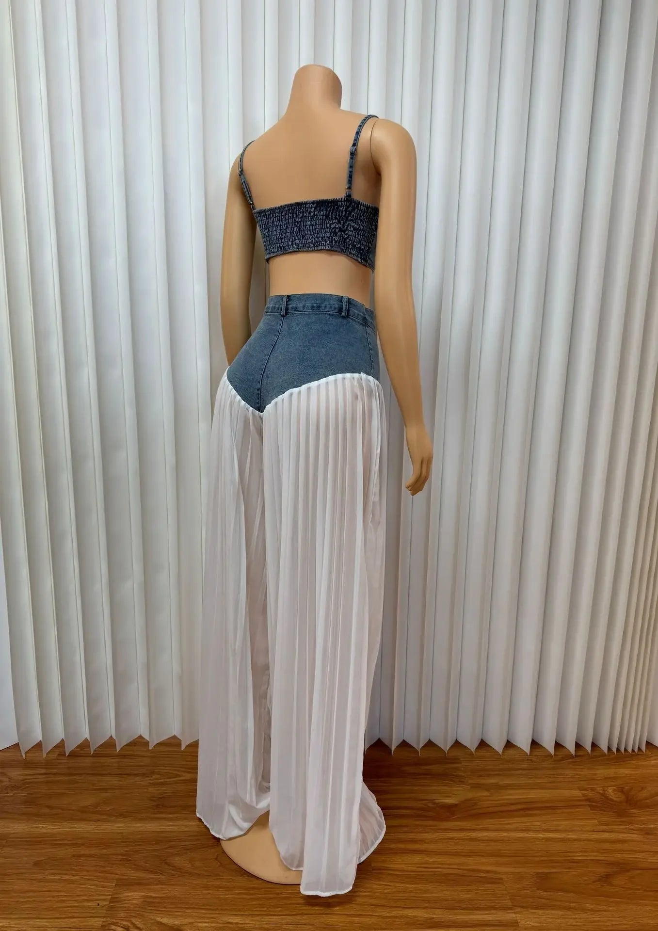 Two Piece Sets Women Sexy Denim Camisole Wide Leg Pants Patchwork Folds Slip Vest Matching Sets Suit 2025 Summer Casual Outfits Aviola