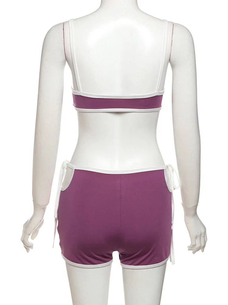 Nibber Fashion Women 2 Piece Set Tracksuit White Edging Camisole+Side Bandage Shorts Matching Stretch Sporty Streetwear Suits Aviola