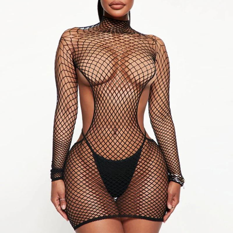 Red Sexy Tights Erotic Lingerie Women High Fishnet Hollow Out Pantyhose Fashion Long Sleeved Bodysuit Mesh Open Back Mini Tights Aviola