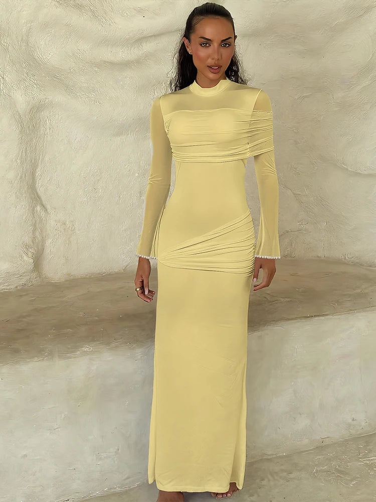 Nibber o-Neck Maxi Dress Women Mesh Long Sleeves Folds Elegant Temperament Autumn Trend Skinny Solid Banquet Simple Vestidos Aviola