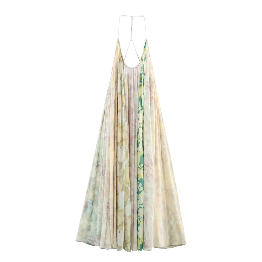 BM&MD&ZA2025flower print patchwork holiday style backless loose sling long dress summer new women's clothing Aviola