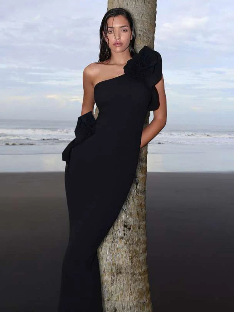 Nibber Casual Strapless Maxi Dress Women Ruched 3d Flowers Diagonal Collar Backless Holiday Crochet Elegant Fashion Vestidos Aviola