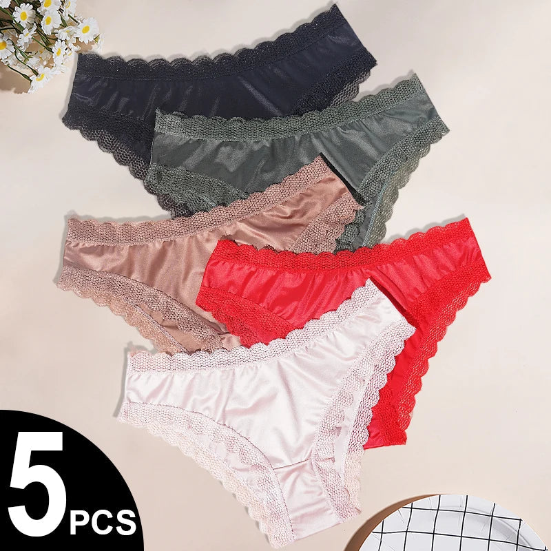 5PCS/Set Seamless Satin Panties Low Rise Lace Patchwork Briefs Solid Color Comfortable Breathable Women's Underwear Lingerie Aviola