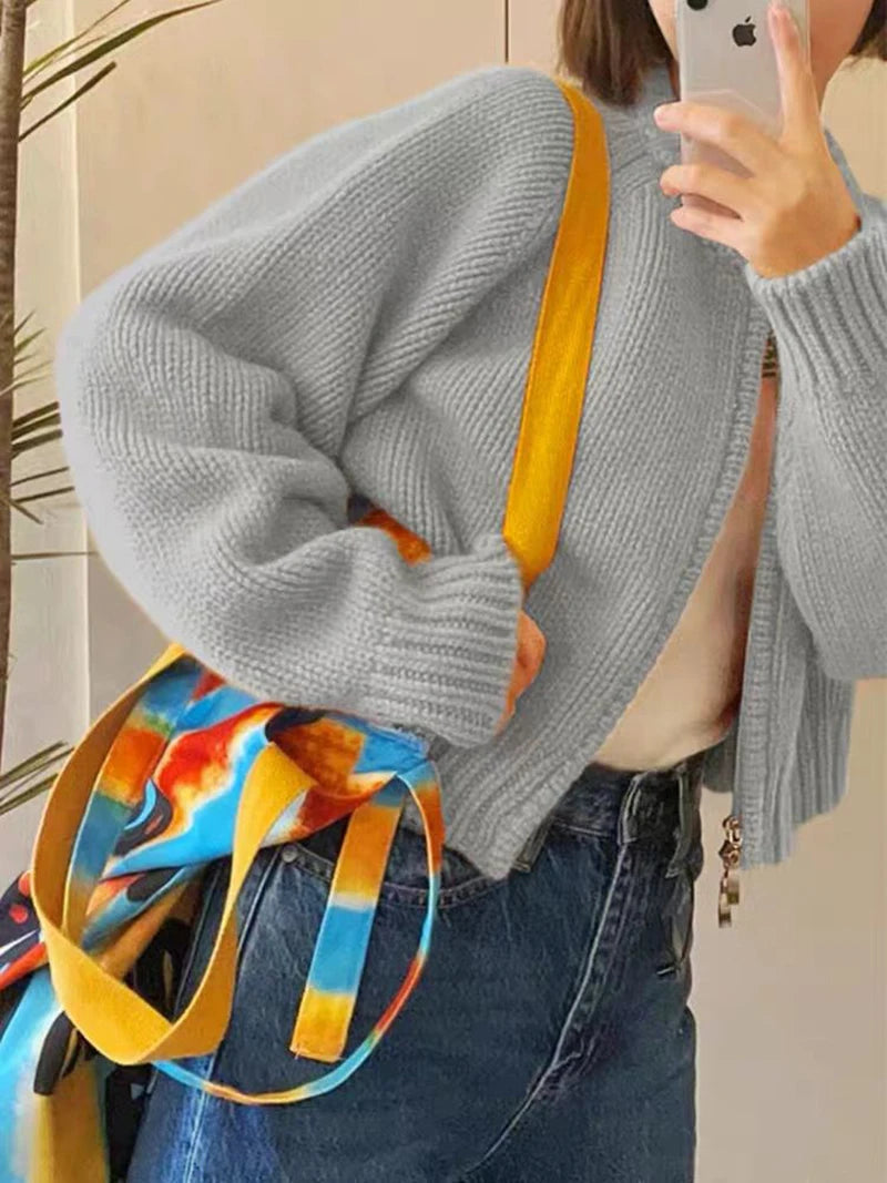MEXZT Solid Knitted Cardigan Women Sweet Zipper Cropped Sweaters Korean Vintage Casual Knitwear Coat Loose Short Jumpers Jackets Aviola