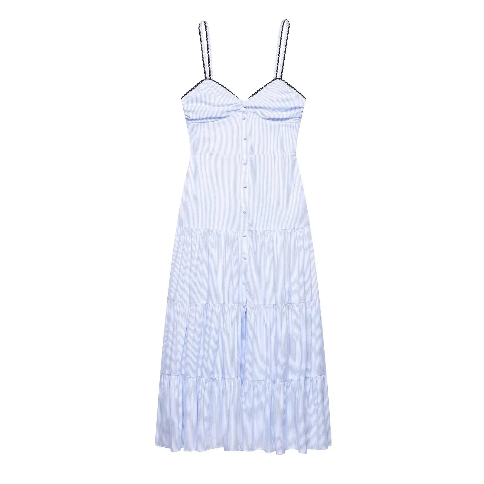 UNIZERA Pleated contrast lace trim striped suspender dress 2025 summer new arrivals women's casual loose midi dress Aviola