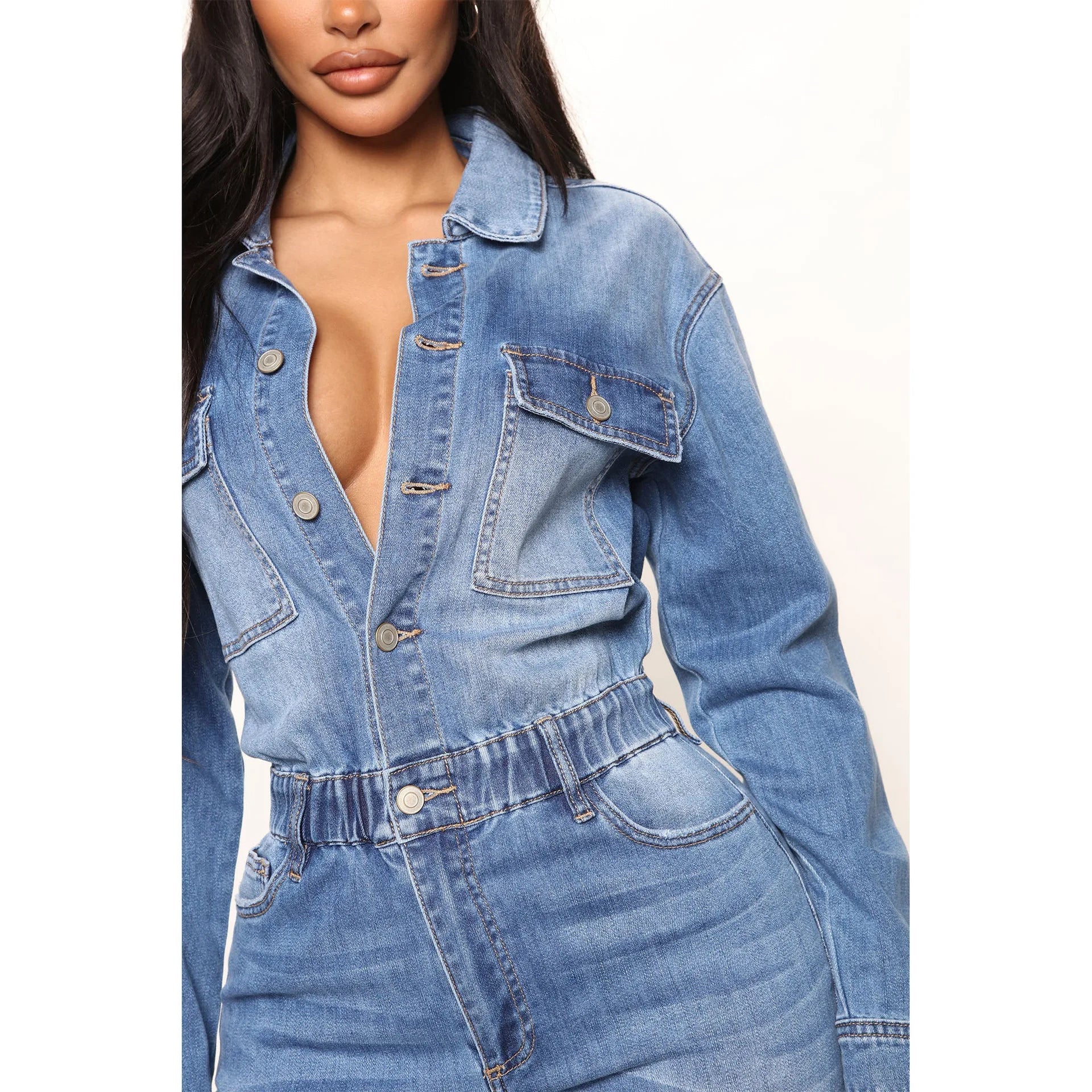 Women Jeans Jumpsuits Single Breasted Solid Denim Washing Overalls Pockets High Street Button Pencil Pants Ankle Length Aviola