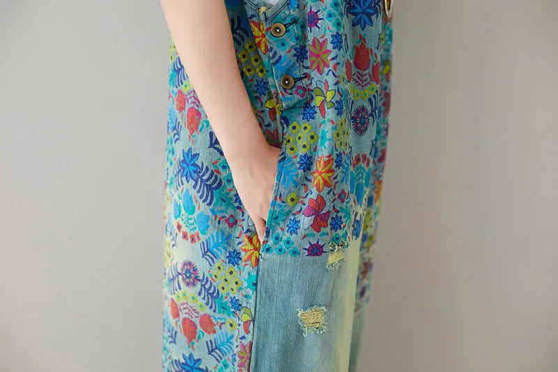 Jean Women Overalls Washed Denim Bleached Wide Leg Pants Hole Ripped Ankle Length Jeans Distressed Pockets Print Casual Aviola