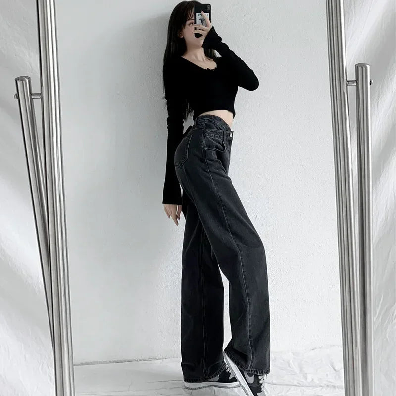 Wide Leg Pants Women Vintage Jeans High Waist Loose Fit Basics Full Length Pockets Button 2025 Casual Denims Straight Trousers Aviola