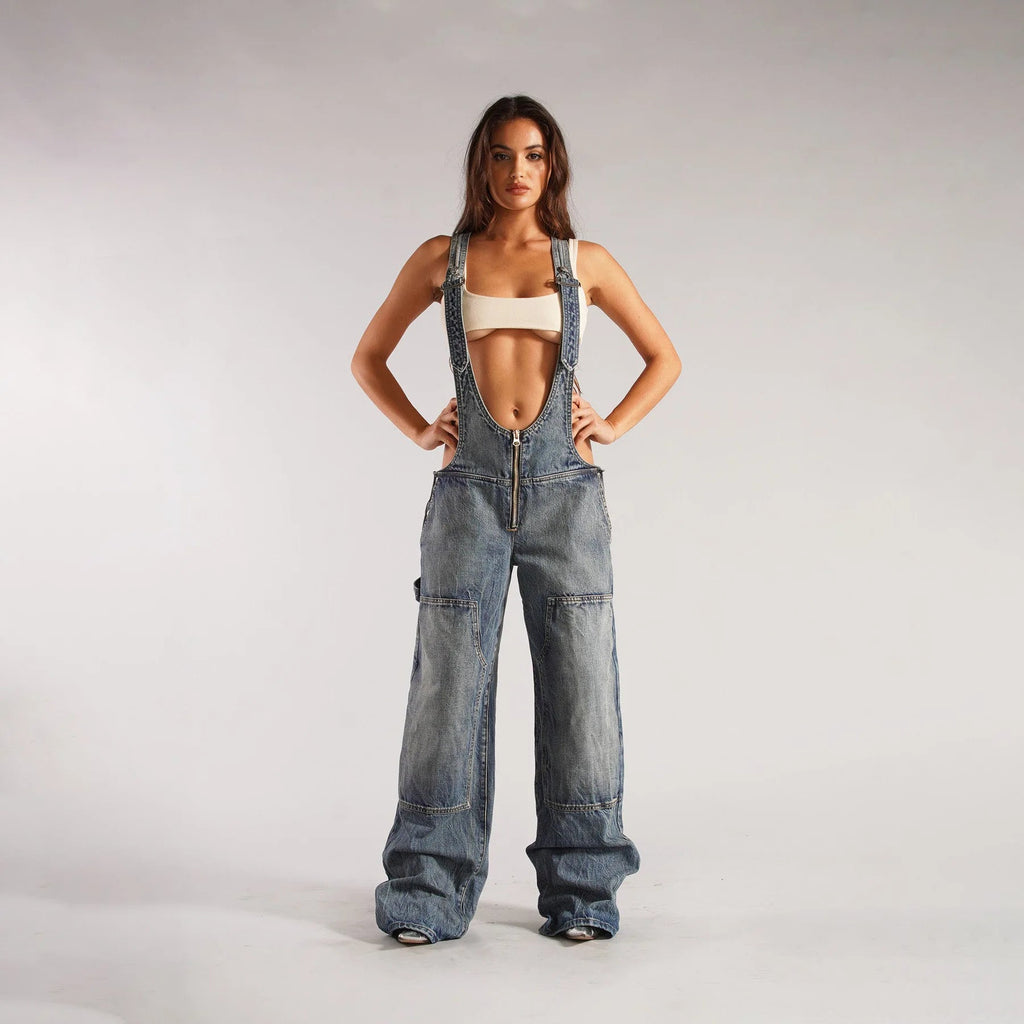 Jumpsuits Women Jeans Overalls Sexy Backless Vintage Full Length Denim Straight Pants Loose Pockets Distressed Washed Casual Aviola