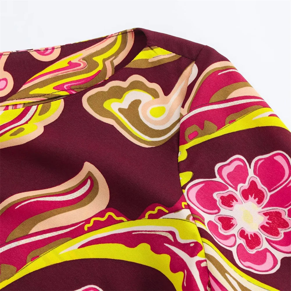 Gorgeous Burgundy Paisley Print Women Dress with Long Bell Sleeves and Belted Waist from BM&MD&ZA 2025 Collection Aviola