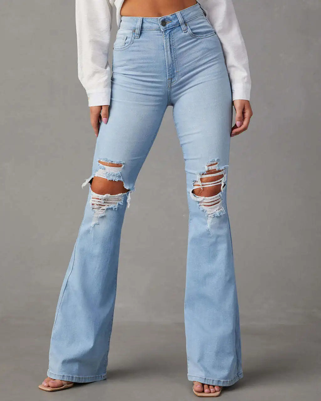 Women Denim Flare Pants Streetwear Jeans Loose Fit High Waist Pockets Holes Ankle Length Solid Color Spring 2024 Zipper Fly Aviola