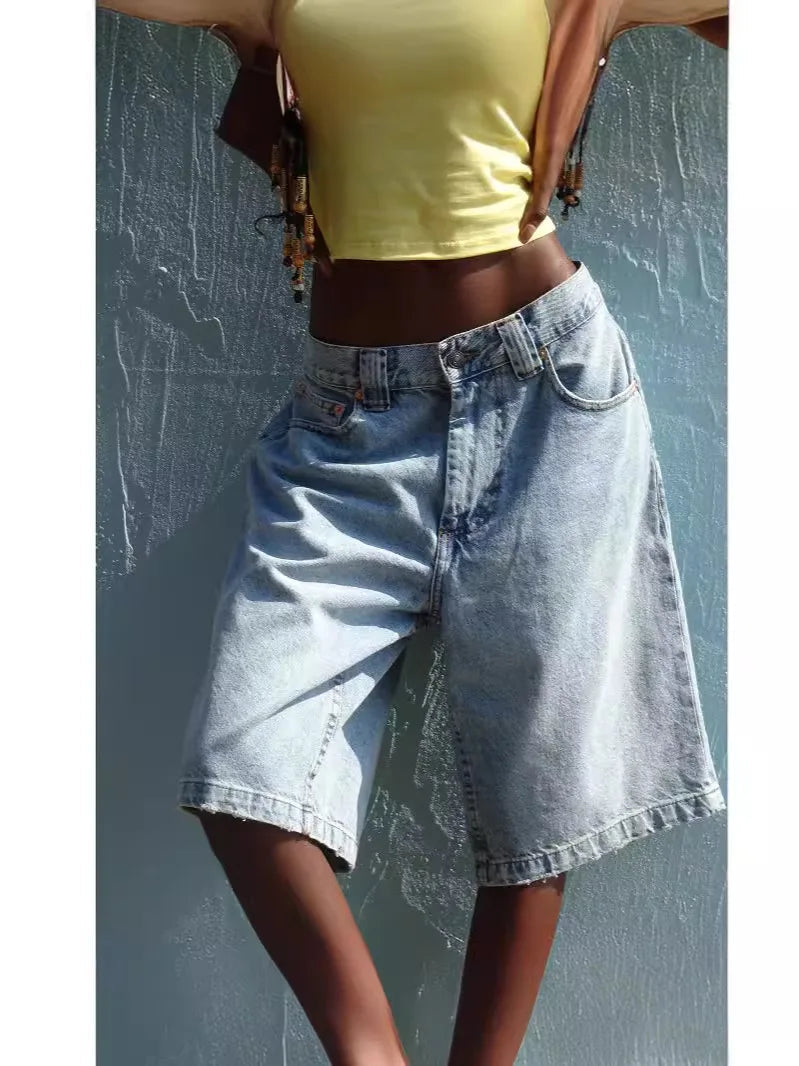Denim Pant Women Wide Leg Jeans Calf Length Pants High Waist Straight Trousers Y2k Streetwear Mom Jeans Casual Loose Summer Aviola