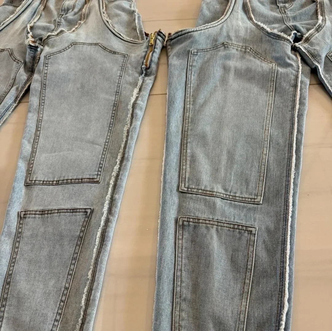 Mom Jeans Straight Pants Women Hollow Out Zipper High Strecth Pockets Irregular Denim Vintage Y2k 2025 Trousers Streetwear Aviola