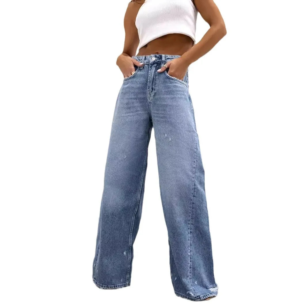 Women Denim Holes Jeans Washing Pencil Pants High Waist Zipper Mom Fly Slim Wide Leg Pockets Full Length Spring 2025 Streetwear Aviola