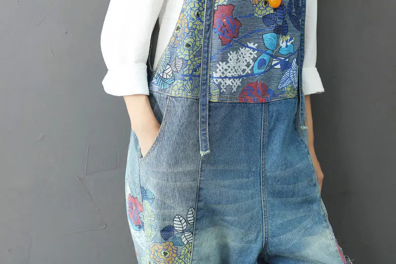 Overalls Women Suspenders Sling Jumpsuits Denim One Piece Wide Leg Long Pants High Waist Rompers Y2k Streetwear Print Floral Aviola