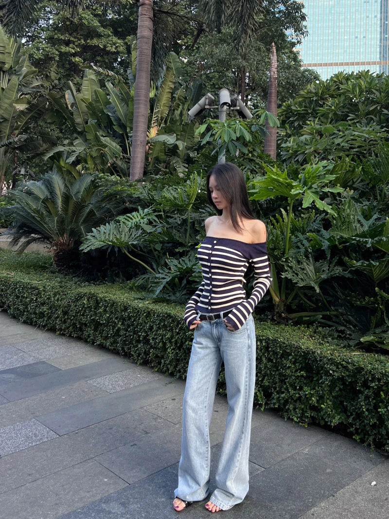 MEXZT Vintage Striped Sweater Women Sexy Cropped Slash Neck Knitted Pullovers Streetwear Korean Knitwears Winter Ladies Jumpers Aviola