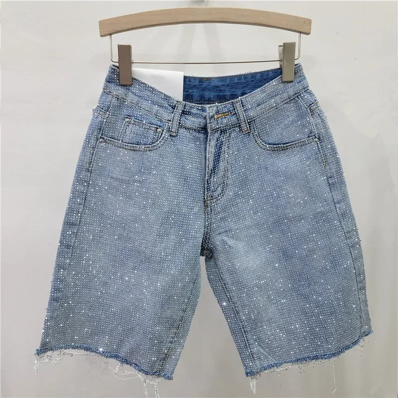 Denim Shorts Women Short Pants Diamonds High Waist Distressed Washed Y2k Punk Knee Length Streetwear Summer 2025 Straight Jeans Aviola