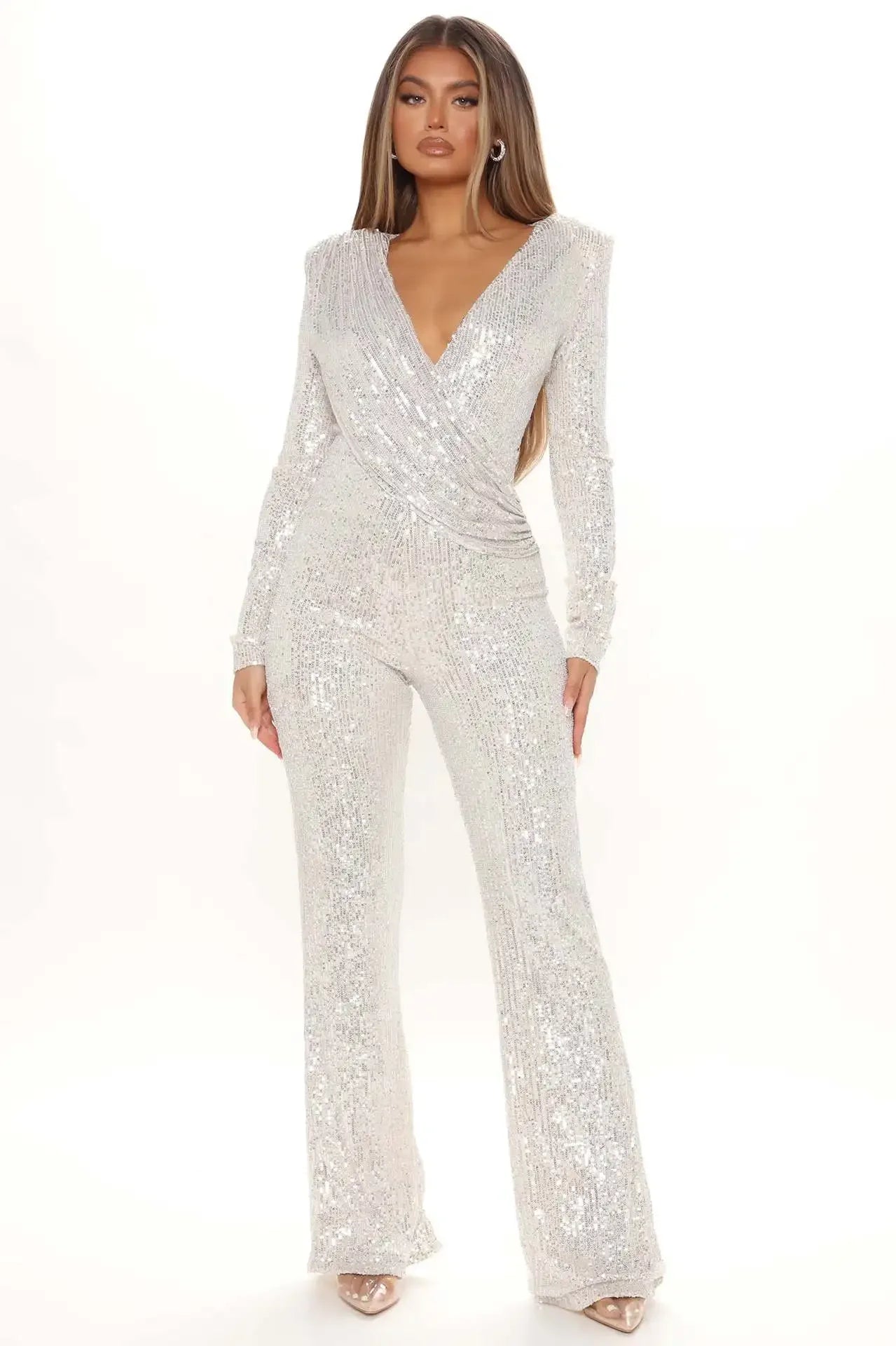 Women Jumpsuits V Neck Rompers Overalls One Piece Formal High Waist Pullover Sexy Sequins Solid Full Length Spring 2024 Aviola