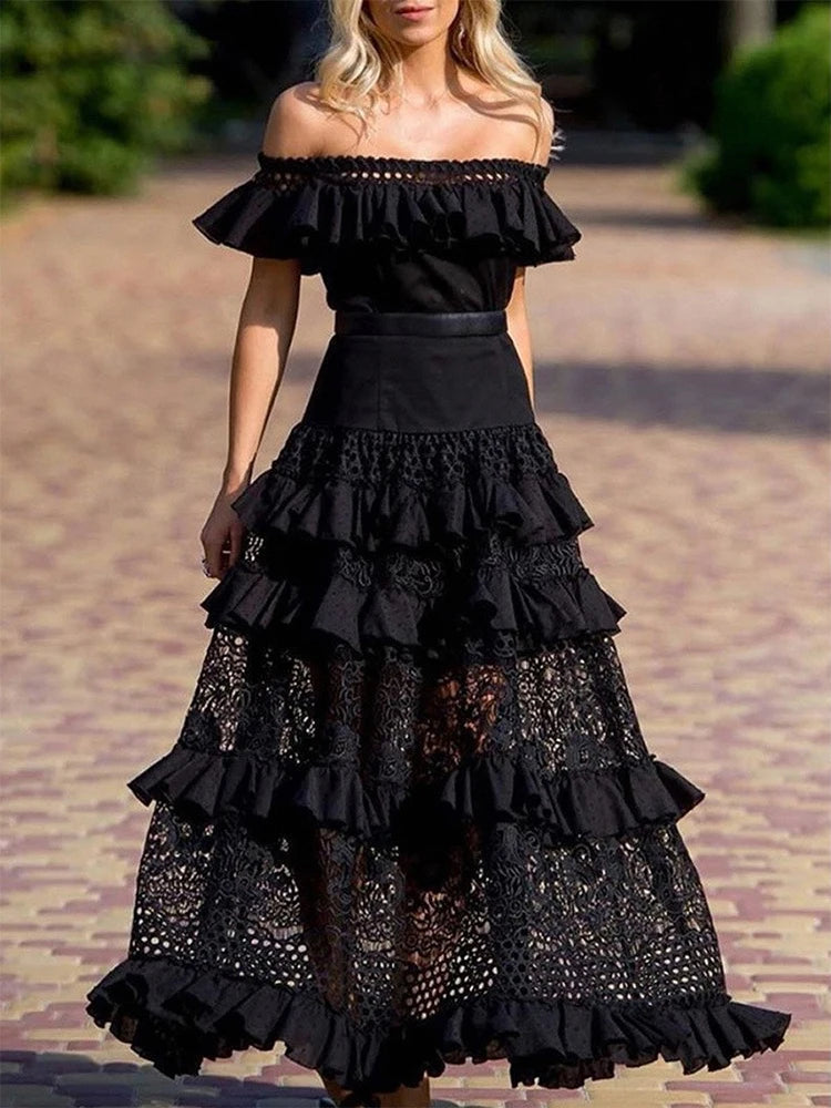 Black Long Dress Elegant One-Shoulder Solid Ruffle Long Evening Dress Summer Elegant Sleeveless Lace Hollow Party Sexy Dress Aviola