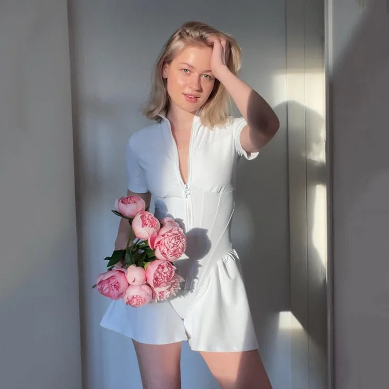Sexy Tight Skirt jumpsuit Spring/Summer New Women's Round Neck Short Sleeve Zipper Bottom Shirt Aviola