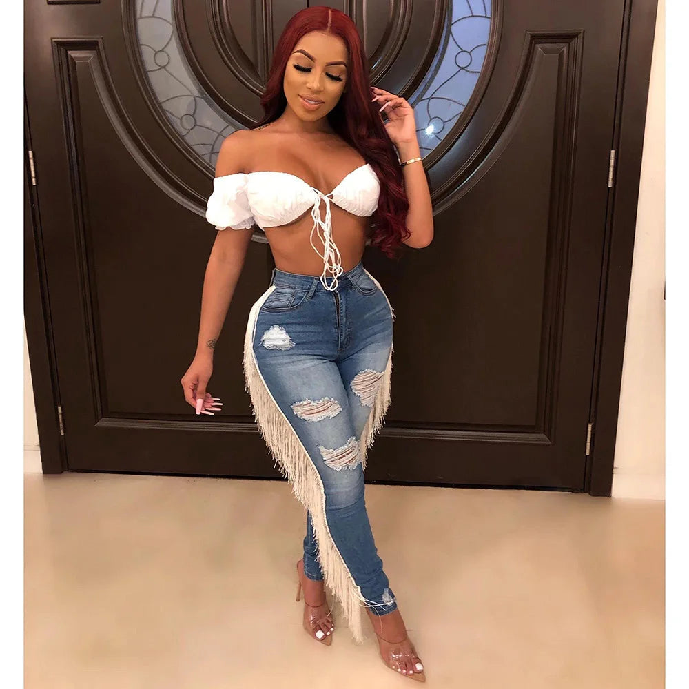 Denim Pants Women Mom Jeans Hole Long Pants Tassel High Waist Straight Trousers Y2k Bodycon Slim Fit Splice Streetwear 2025 Aviola